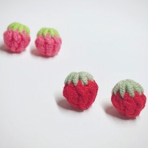 Set of 2 Hand Knitted Crochet Strawberry stud Earrings, Whimsical Fruit Jewelry